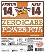 A product label for ThinSlim Foods Power Pita, highlighting 14g of protein and fiber per pita, with a note on zero net carbs and nutritional information for a low-calorie snack option.