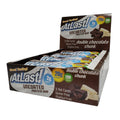 A display box of AtLast! Double Chocolate Chunk protein bars.