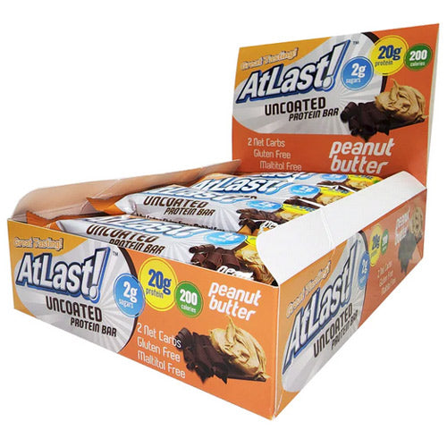 A display box of AtLast! Peanut Butter protein bars.