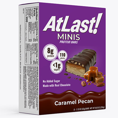 A box of AtLast! Minis Caramel Pecan protein bars.