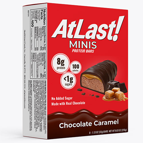 A box of AtLast! Minis Chocolate Caramel protein bars.