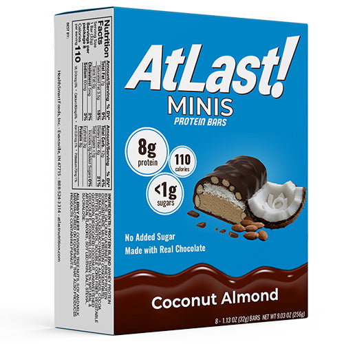 A box of AtLast! Minis Coconut Almond protein bars.