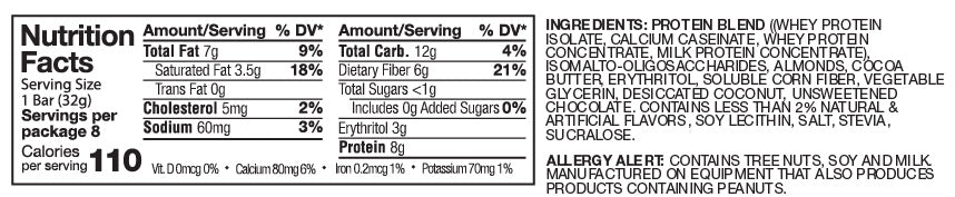 Nutrition Facts and ingredients for AtLast! Minis Coconut Almond protein bars.