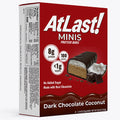 A box of AtLast! Minis Dark Chocolate Coconut protein bars.