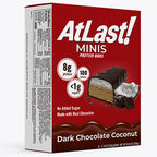 A box of AtLast! Minis Dark Chocolate Coconut protein bars.