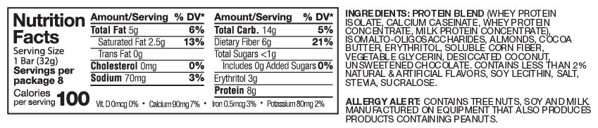 Nutrition Facts and ingredients for AtLast! Minis Dark Chocolate Coconut protein bars.