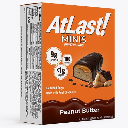 A box of AtLast! Minis Peanut Butter protein bars.
