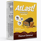 A box of AtLast! Minis Peanut Caramel protein bars.