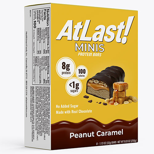 A box of AtLast! Minis Peanut Caramel protein bars.