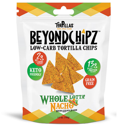 Front of a BeyondChipz Whole Lotta Nacho Torpillas bag.