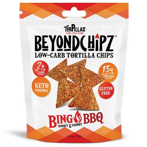 Front of a BeyondChipz Torpillas bag labeled Bing Bang BBQ.