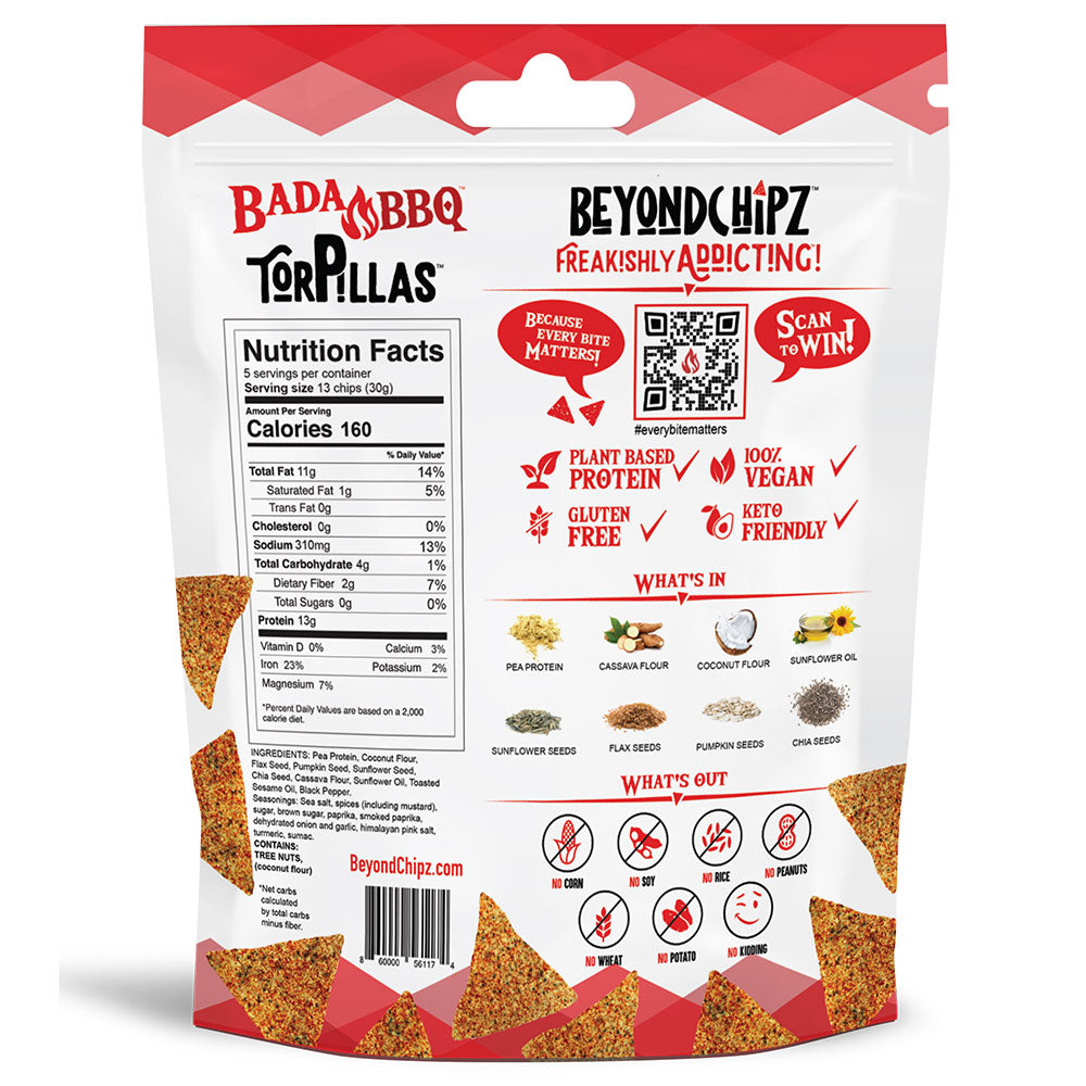 Back of a BeyondChipz Bada BBQ Torpillas bag with Nutrition Facts and ingredients.