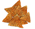 BeyondChipz barbecue tortilla chips with red seasoning on a white background.