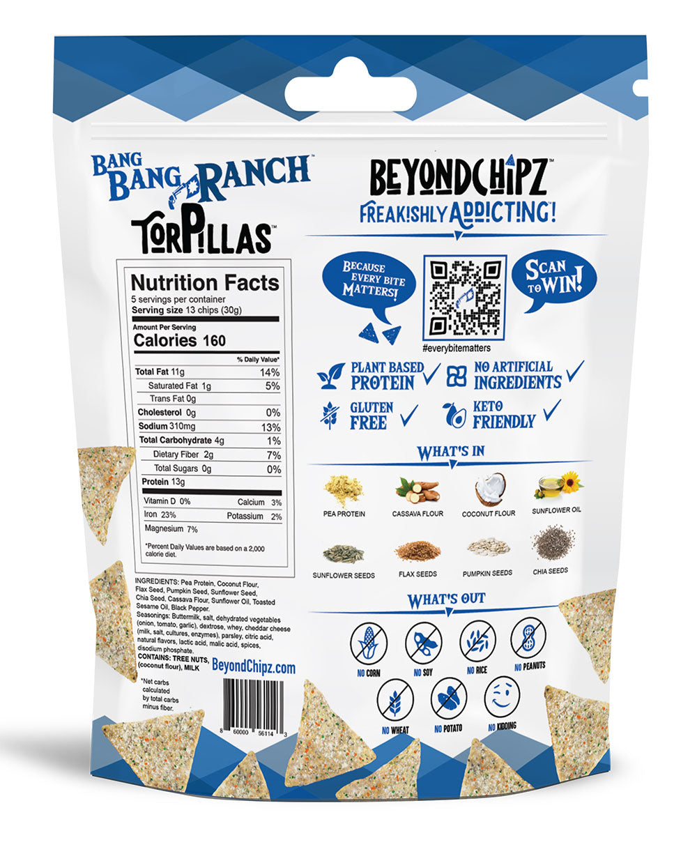 Back of a BeyondChipz Bang Bang Ranch Torpillas bag with Nutrition Facts and ingredients.