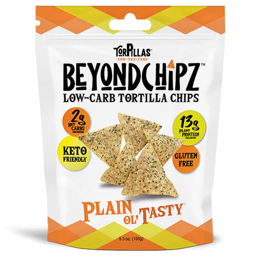 Front of a BeyondChipz Plain Ol' Tasty Torpillas bag.