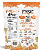 Back of a BeyondChipz Plain Ol' Tasty Torpillas bag with Nutrition Facts and ingredients.
