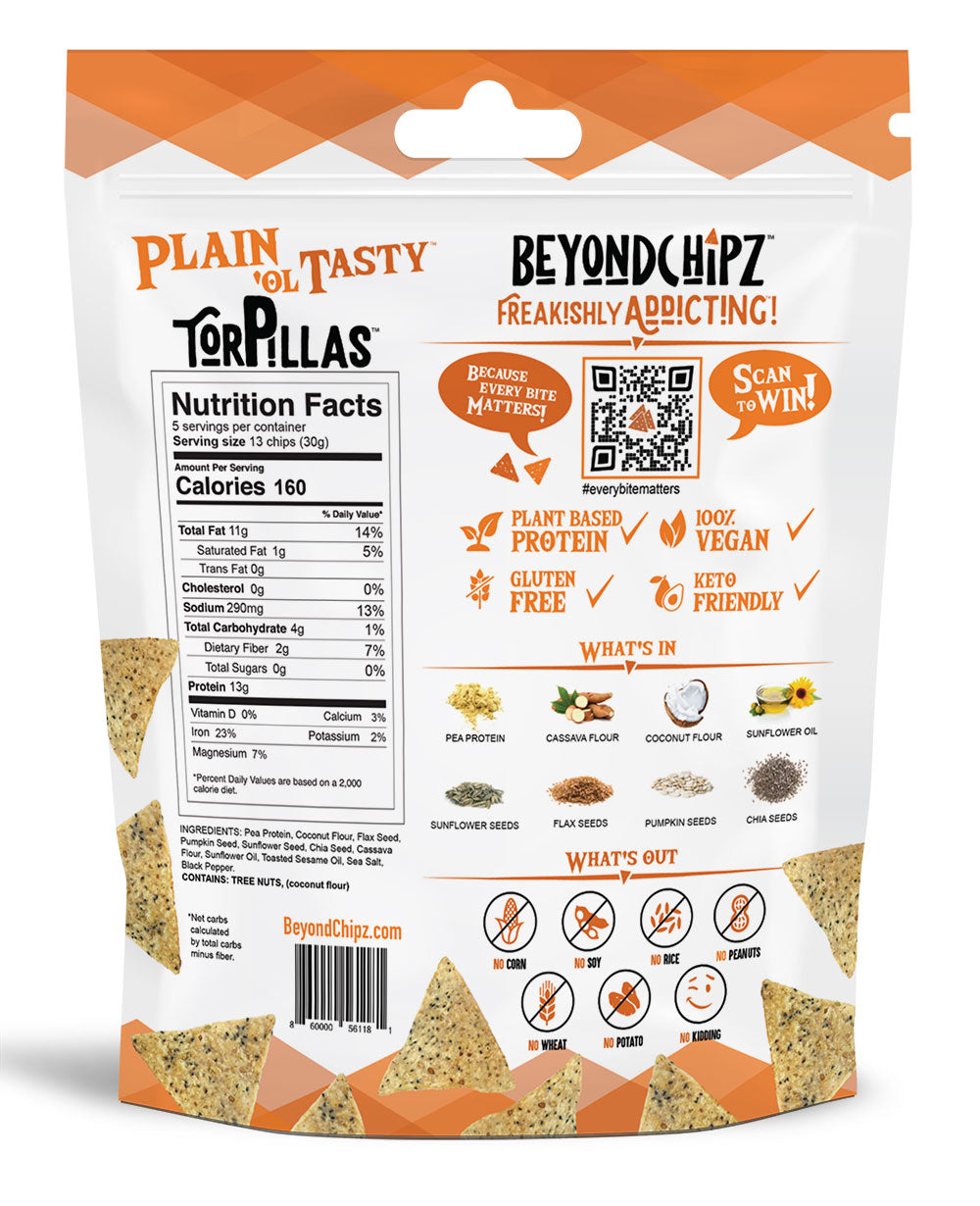 Back of a BeyondChipz Plain Ol' Tasty Torpillas bag with Nutrition Facts and ingredients.