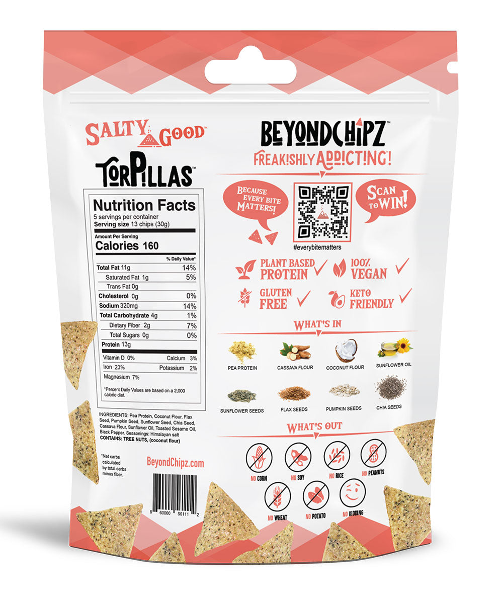 Back of a BeyondChipz Salty Good Torpillas bag with Nutrition Facts and ingredients.