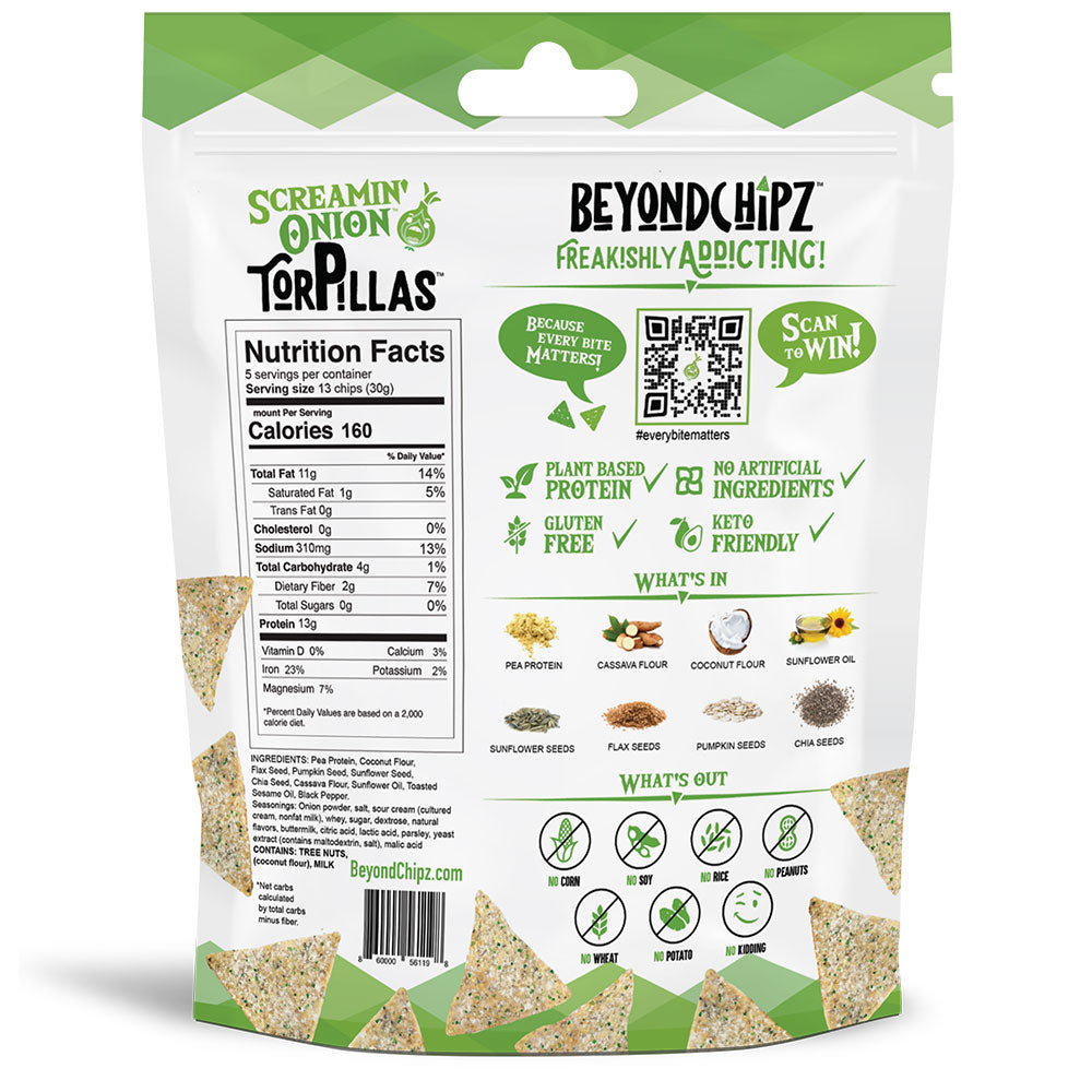 Back of a BeyondChipz Screamin' Onion Torpillas bag with Nutrition Facts and ingredients.