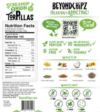 BeyondChipz Screamin' Onion Torpillas back label with Nutrition Facts, ingredients, and product information.