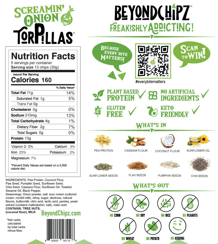 BeyondChipz Screamin' Onion Torpillas back label with Nutrition Facts, ingredients, and product information.
