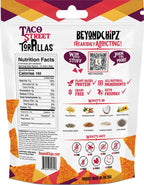Back of a BeyondChipz Taco Street Torpillas bag with Nutrition Facts, ingredients, and product information.