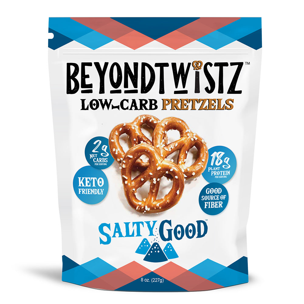 Front of a BeyondTwistz Salty Good pretzels bag.