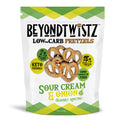 Front of a BeyondTwistz Sour Cream and Onion pretzels bag.