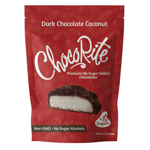 Front of a ChocoRite Dark Chocolate Coconut pouch.