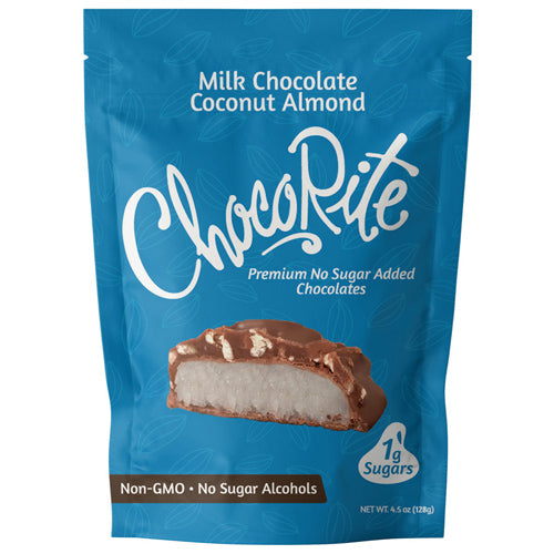 Front of a ChocoRite Milk Chocolate Coconut Almond pouch.
