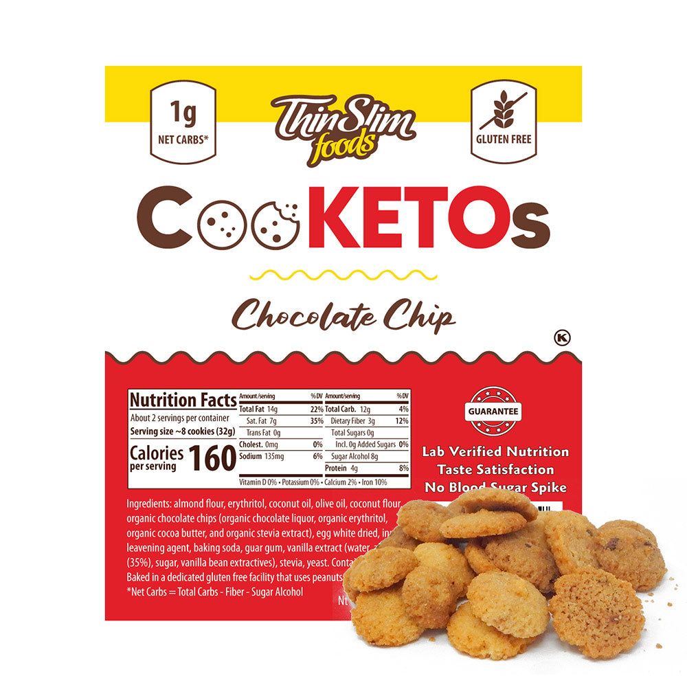 ThinSlim Foods CooKETOs Chocolate Chip label beside small cookies.