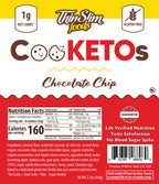 ThinSlim Foods CooKETOs Chocolate Chip label with Nutrition Facts, ingredients, and storage instructions.
