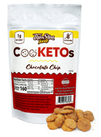 A pouch of ThinSlim Foods CooKETOs Chocolate Chip cookies with cookies in front.
