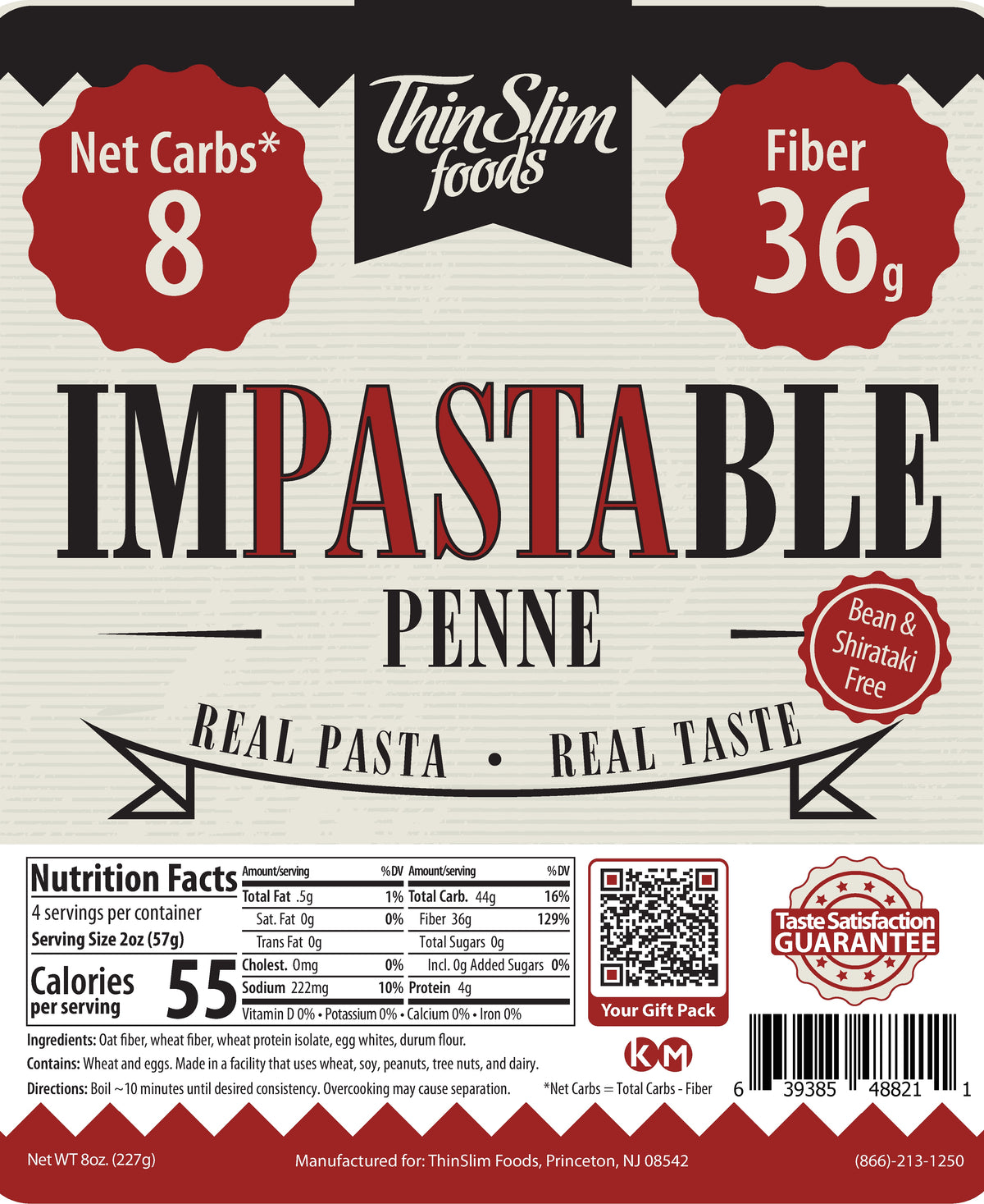 Impastable Penne package label with Nutrition Facts, ingredients, and preparation instructions.