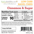 Linda's Diet Delites Cinnamon and Sugar Bagel Chips label with Nutrition Facts, ingredients, and storage instructions.