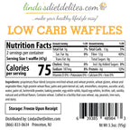 Linda's Diet Delites Low Carb Waffles label with Nutrition Facts, ingredients, and storage instructions.