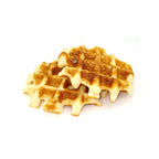 Two golden Linda's Diet Delites waffles on a white background.