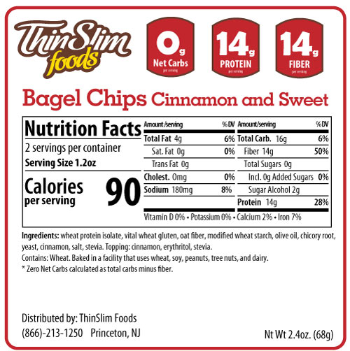 ThinSlim Foods Cinnamon and Sweet Bagel Chips label with Nutrition Facts and ingredients.