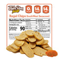 ThinSlim Foods Southwest Seasoned Bagel Chips label behind bagel chips and a pile of seasoning.