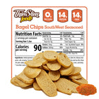 ThinSlim Foods Southwest Seasoned Bagel Chips label behind bagel chips and a pile of seasoning.