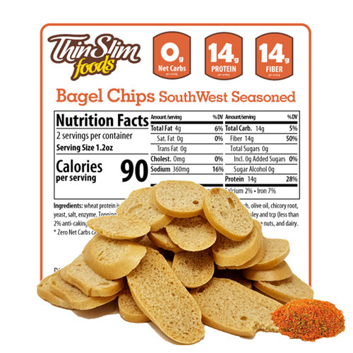 ThinSlim Foods Southwest Seasoned Bagel Chips label behind bagel chips and a pile of seasoning.