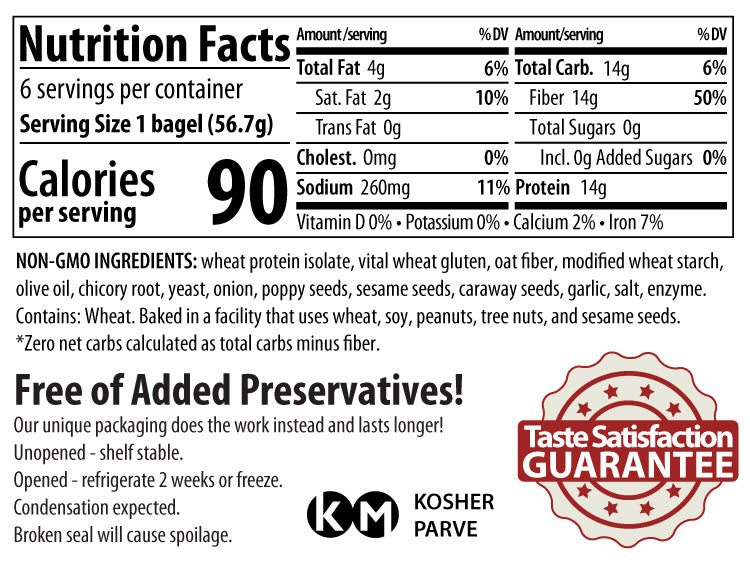 Nutrition Facts, ingredients, and storage instructions for ThinSlim Foods Everything Bagels. One bagel has 90 calories and 14 grams of protein.