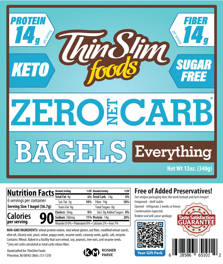 ThinSlim Foods Zero Net Carb Everything Bagels label with Nutrition Facts, ingredients, and storage instructions.