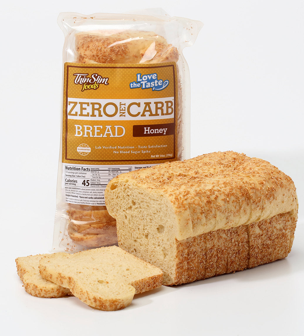 A sliced loaf beside a bag of ThinSlim Foods Zero Net Carb Honey Bread.