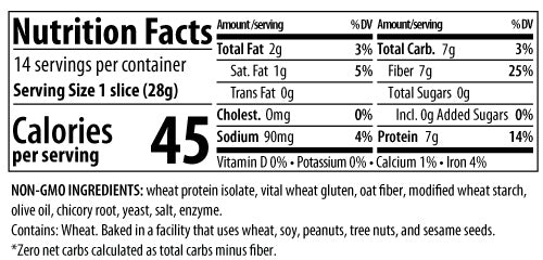 Nutrition Facts and ingredients for ThinSlim Foods Plain Bread. One 28-gram slice has 45 calories, 7 grams of protein, and 7 grams of fiber.