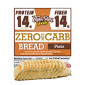 ThinSlim Foods Zero Net Carb Plain Bread label above a sliced loaf.