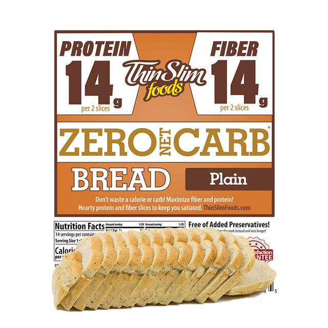 ThinSlim Foods Zero Net Carb Plain Bread label above a sliced loaf.