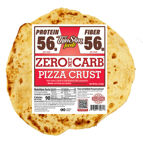 ThinSlim Foods Zero Net Carb Pizza Crust with its red package label.