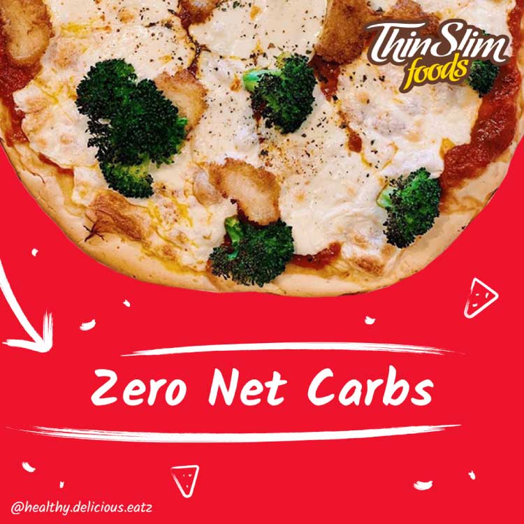 A pizza with broccoli and cheese above the words Zero Net Carbs.