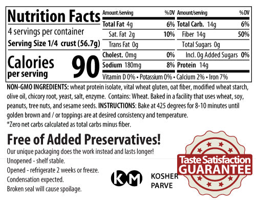 ThinSlim Foods Pizza Crust label with Nutrition Facts, ingredients, preparation instructions, and storage instructions.